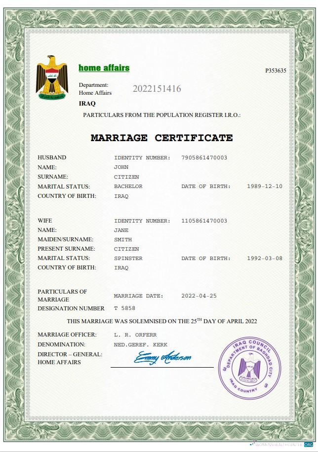 Download Iraq marriage certificate Word and PDF template Photoshop template